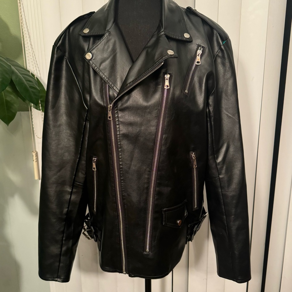 AOWOFS Black Faux Leather Punk Biker Jacket Men